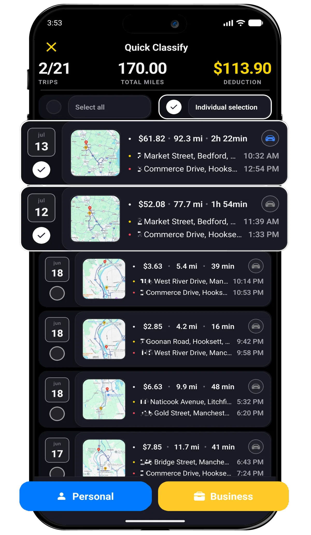 Millage quick trip classification screen