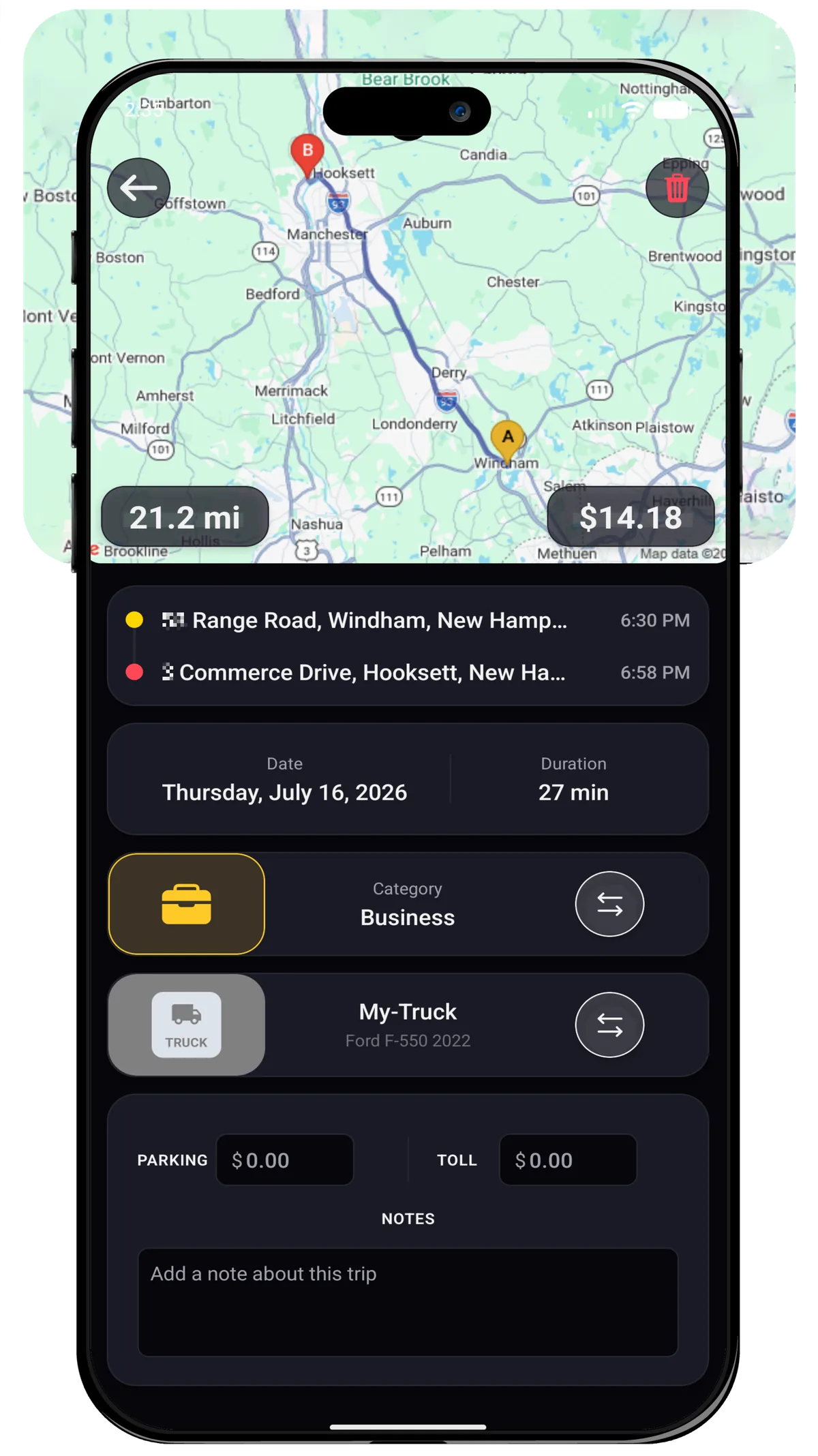 Millage trip map and trip details screen