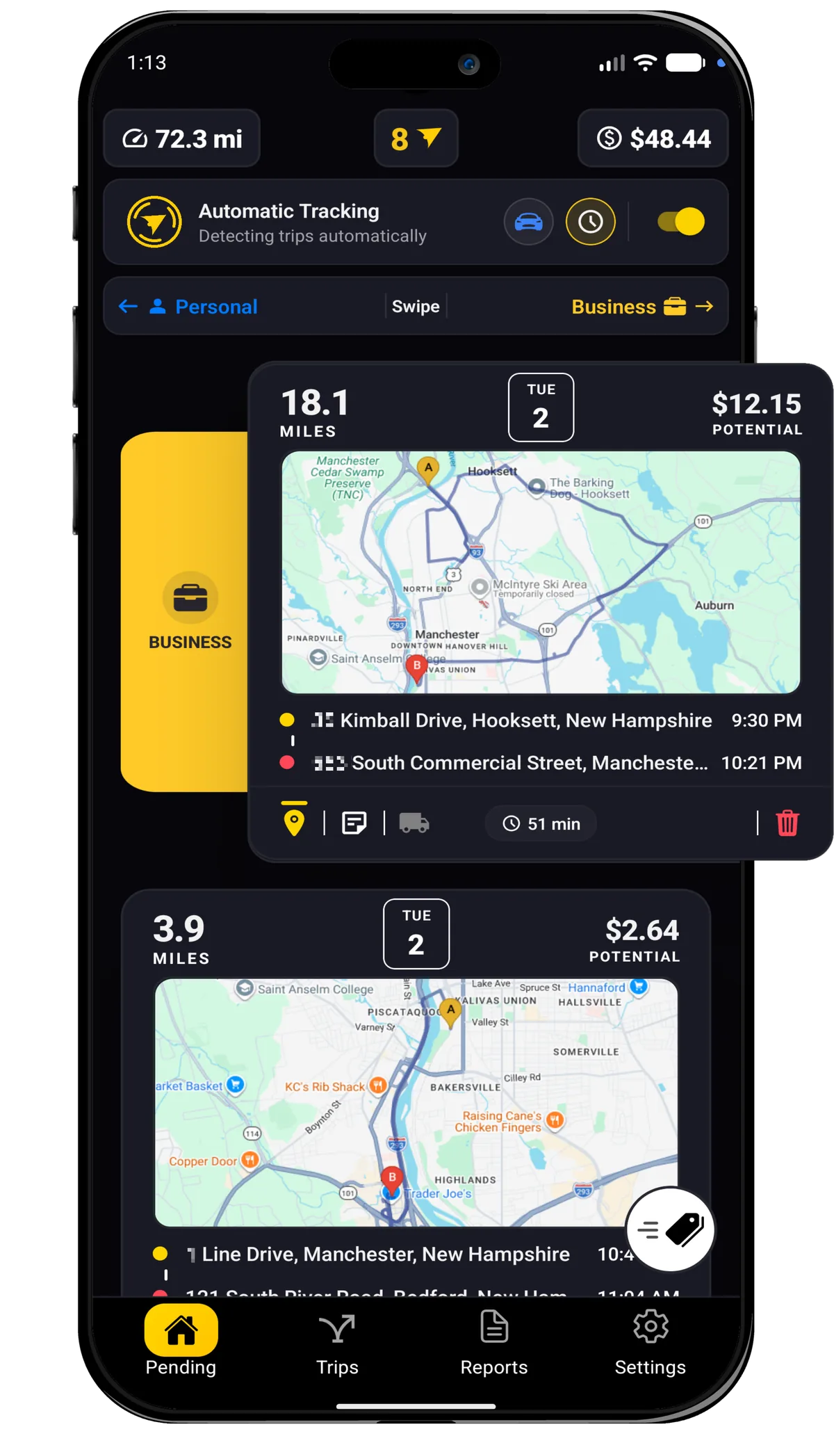 Millage pending trips summary screen