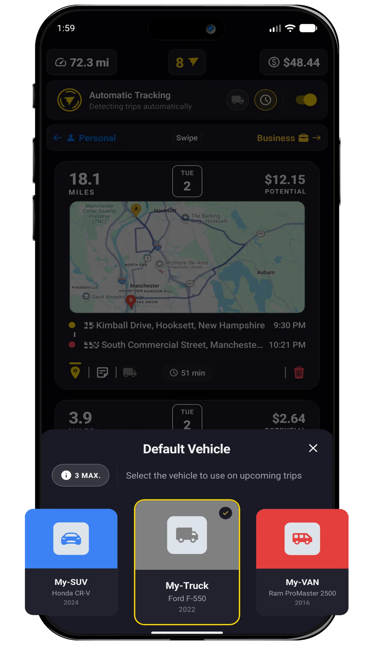 Millage vehicle management screen